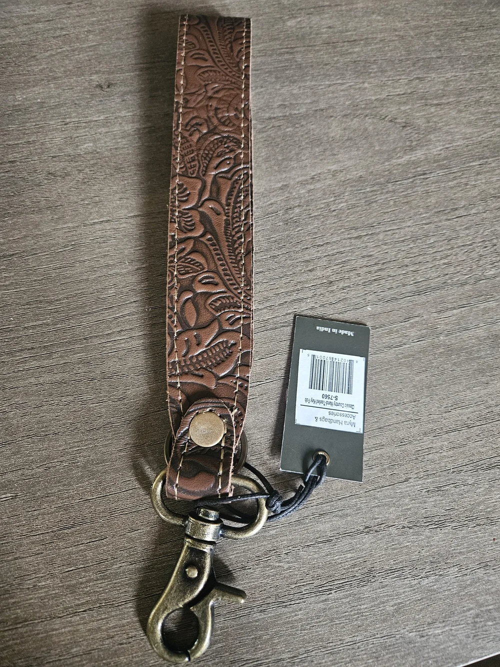 Myra Bag-Brown Tooled Leather Key Fob Wristlet with Antique Brass Clip-NWT